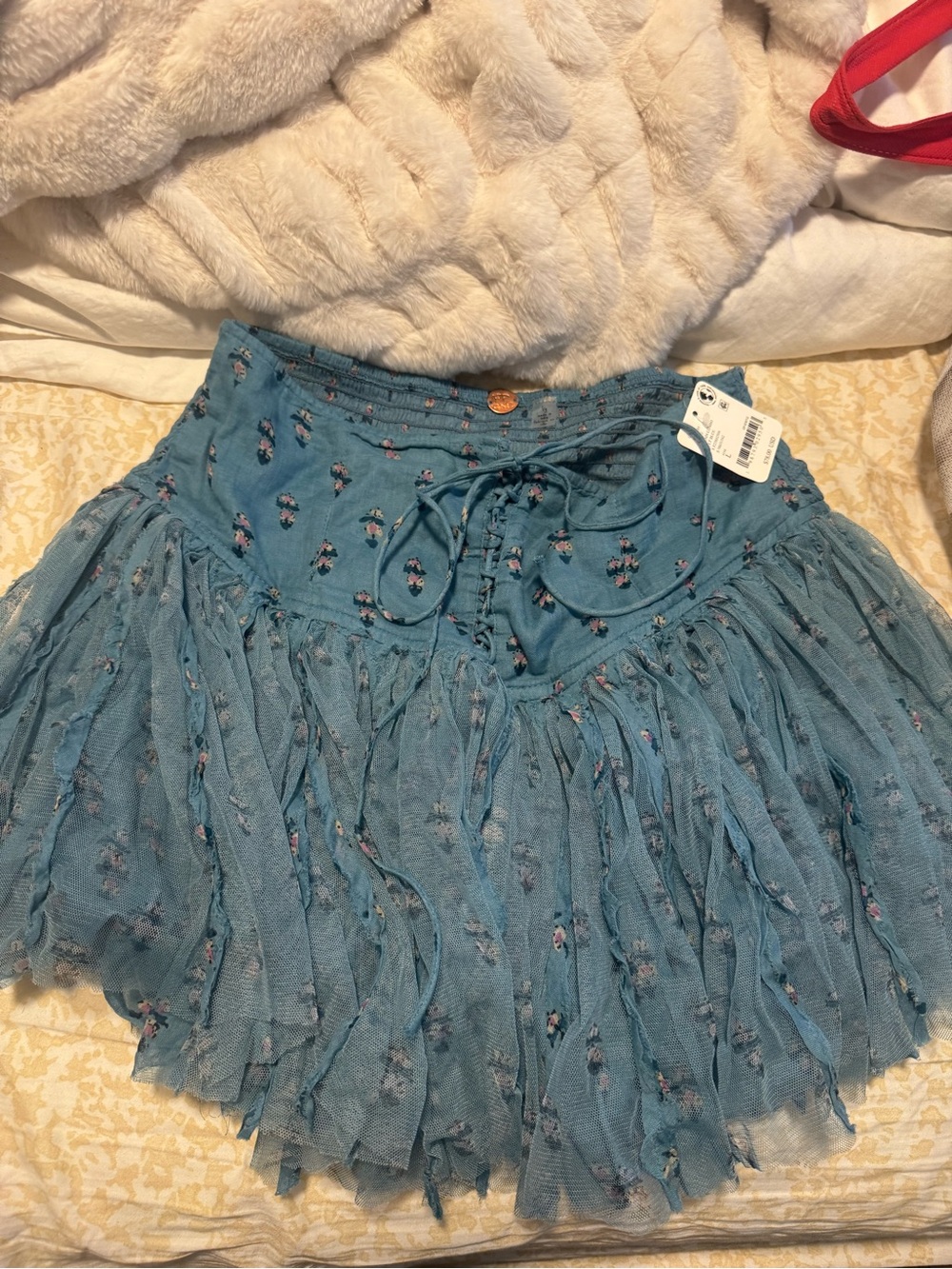 Free People Teal Blue Floral Layered Skater Skirt